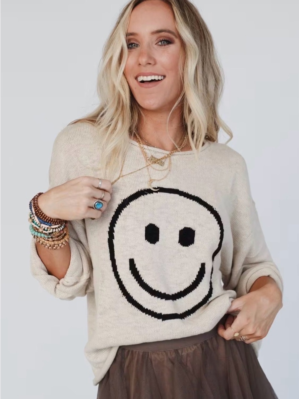 NWT Three Bird Nest Made You Smile Sweater Medium Ivory Smiley Face Boho